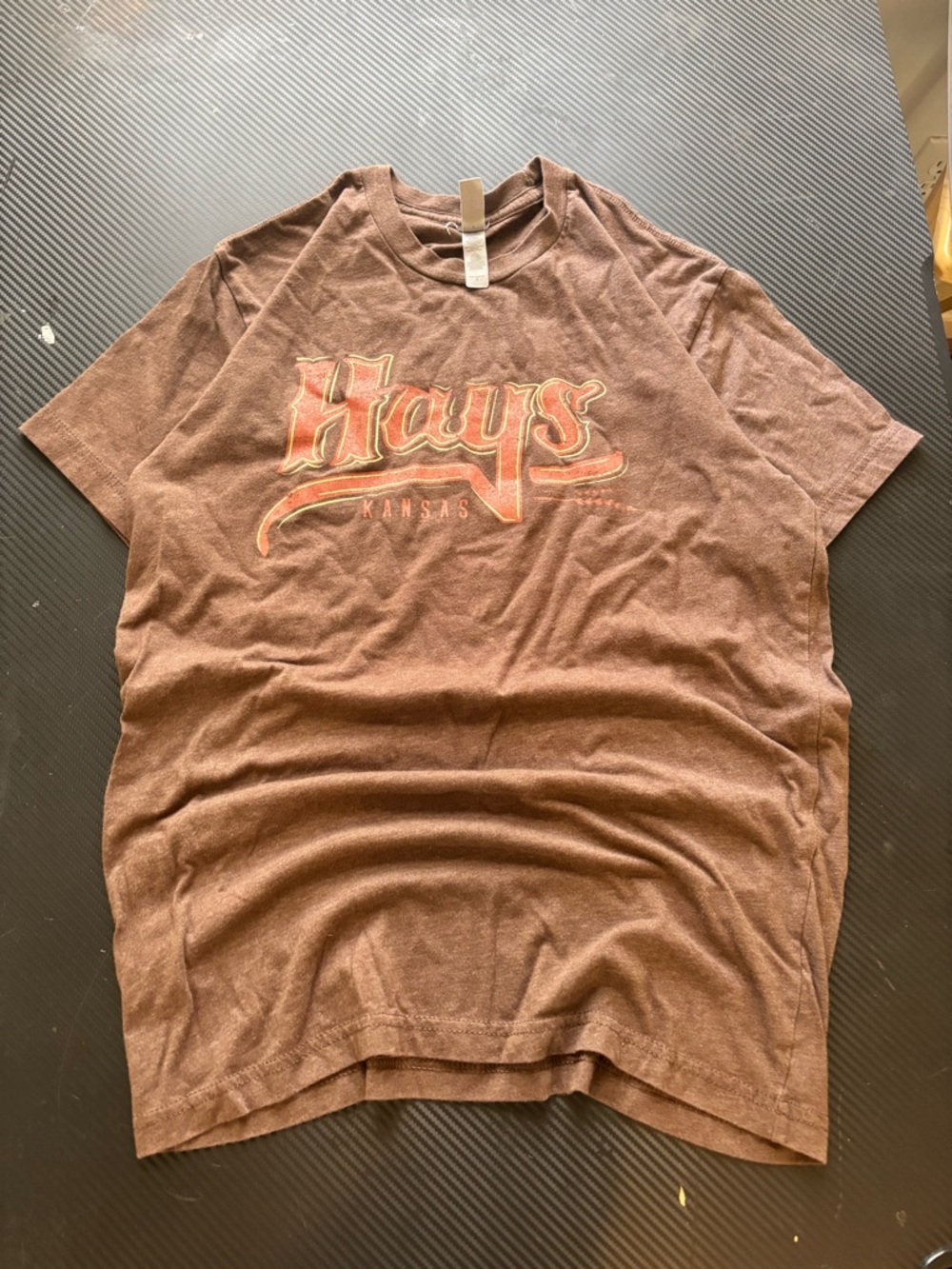 Hays Kansas Graphic Tee - Brown with Faded Red Logo Size S MEASUREMENTS SHOWN